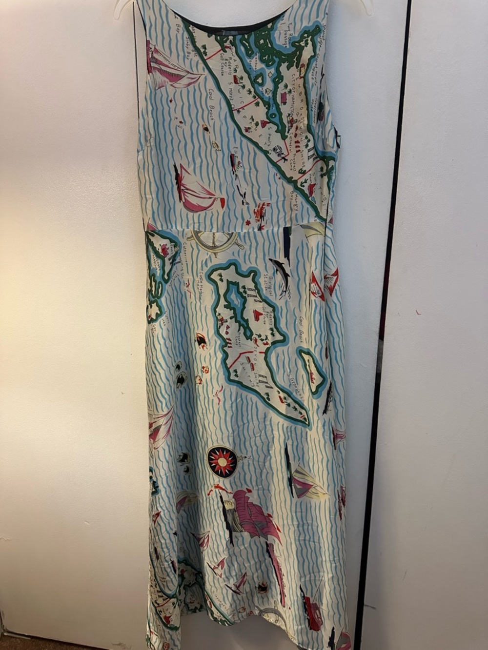 Eva Franco Satin Effect Sailboat Print Summer Maxi Dress Size Small